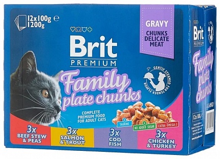 Влажный корм для кошек Brit Premium Family Plate, с курицей, с индейкой, с говядиной, с треской, с лососем, с форелью 12шт. х 100 г (кусочки в соусе)